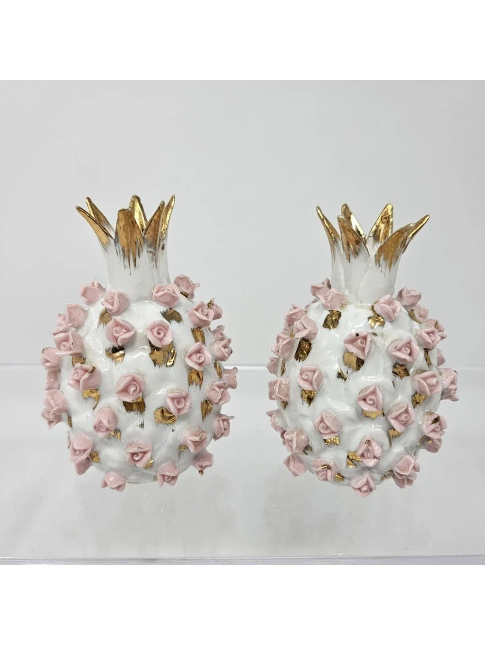 Vintage Lefton Japan Pineapple Shape Pink Rose Salt And Pepper Set Shakers